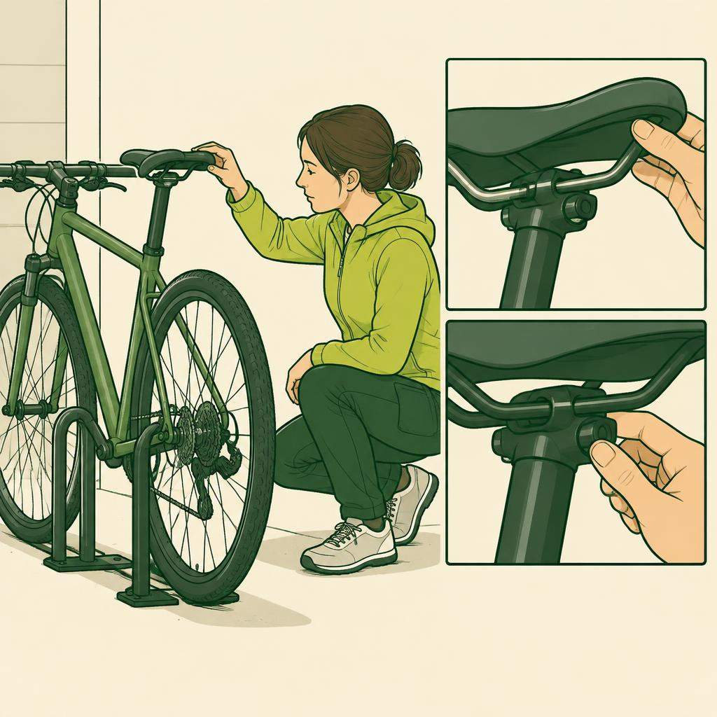 Une fixation de selle de vélo en train d’être serrée avec une clé Allen