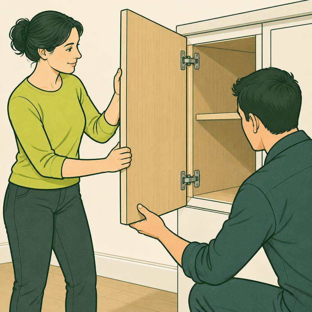 Une charnière de porte d’armoire soutenue et resserrée avec un tournevis