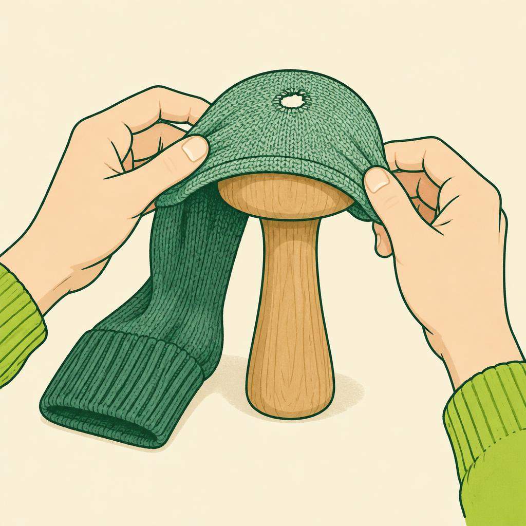 A small hole in a knitted sock being darned with yarn