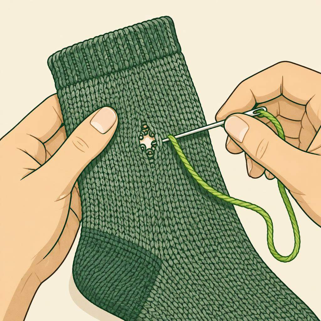 Illustration for Darn a small hole in a knitted sock, step 2