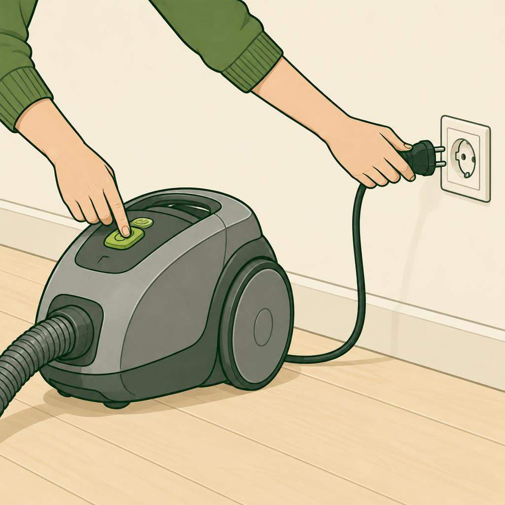 Un filtre amovible d’aspirateur en cours de nettoyage à côté d’un aspirateur débranché