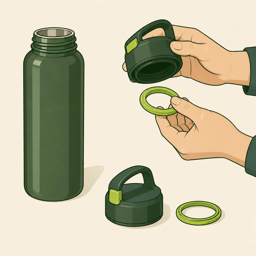 Un joint en silicone amovible placé dans un bouchon de bouteille réutilisable