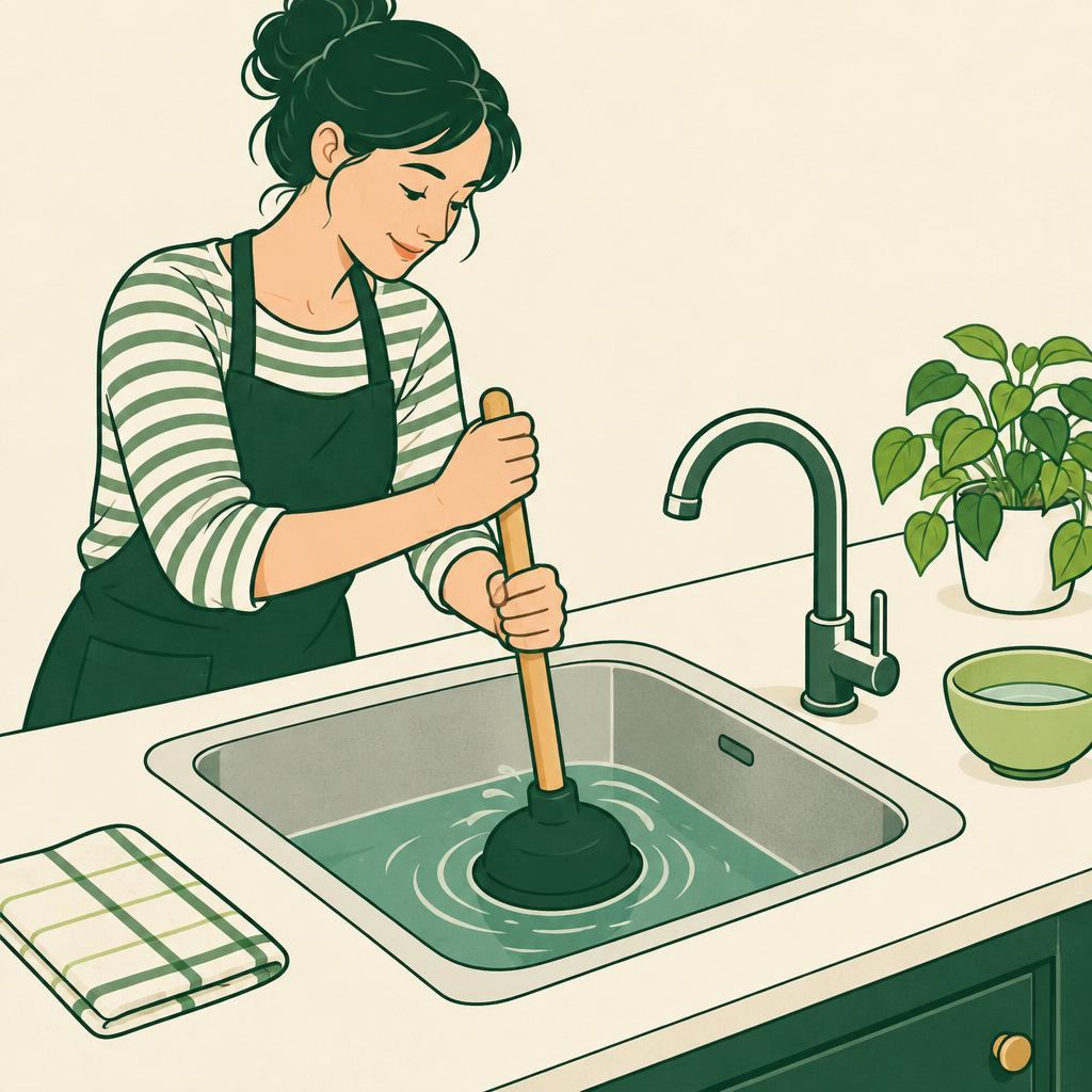 Un siphon d’évier vérifié avec précaution au-dessus d’une bassine