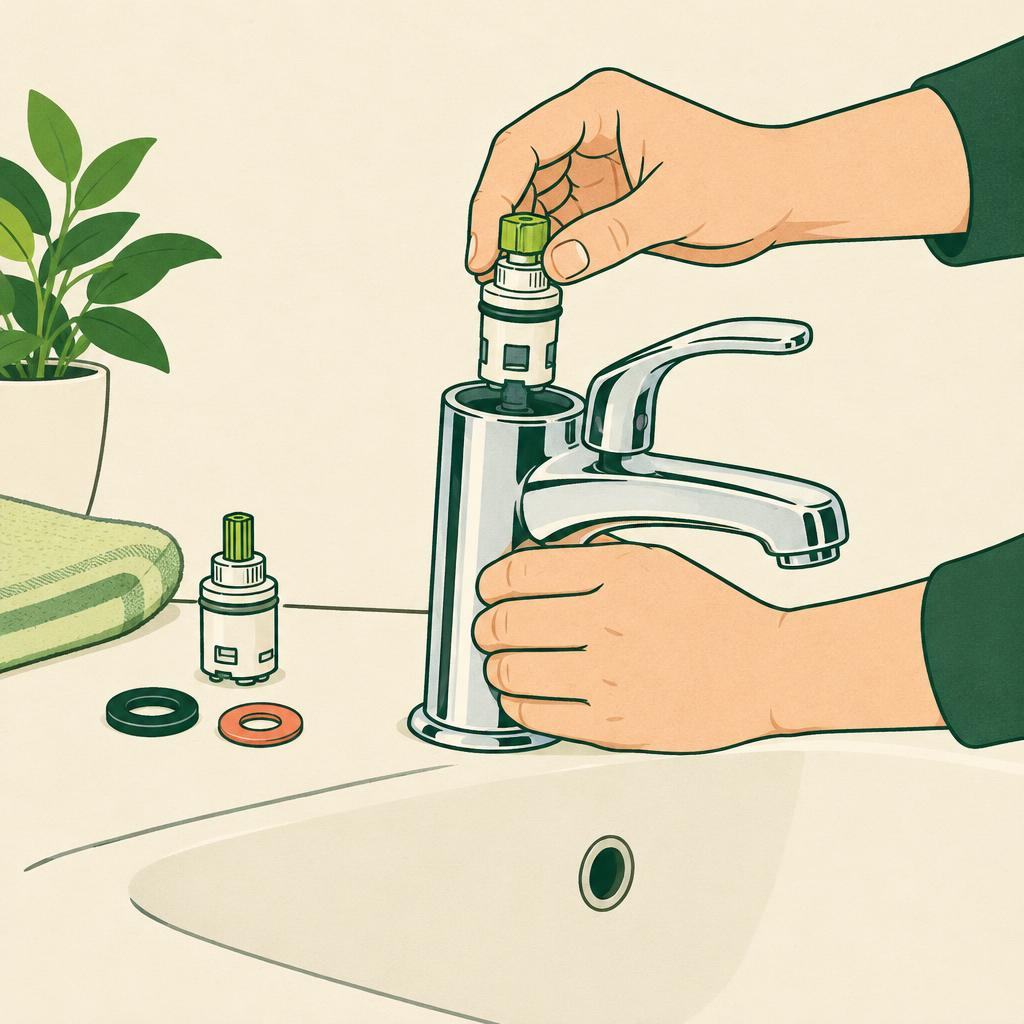 A dripping single-lever tap and its model-matched replacement cartridge